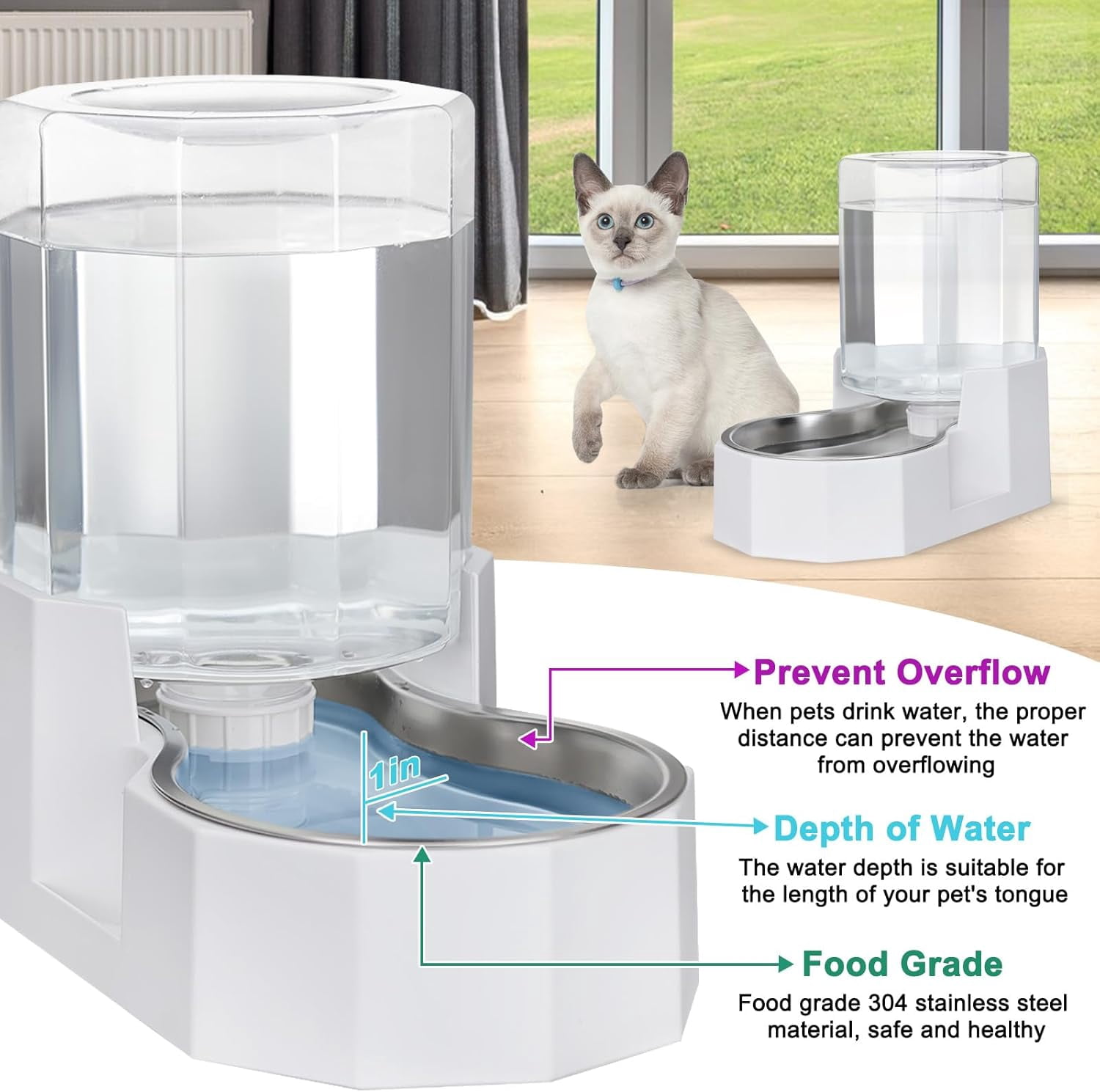 RIZZARI 4L Automatic Pet Waterer - Gravity-fed Stainless Steel Water Dispenser, 100% BPA Free, Leak-proof, Easy to clean, Non Slip -Water Fountain for Cats and Dogs, Outdoor/Indoor