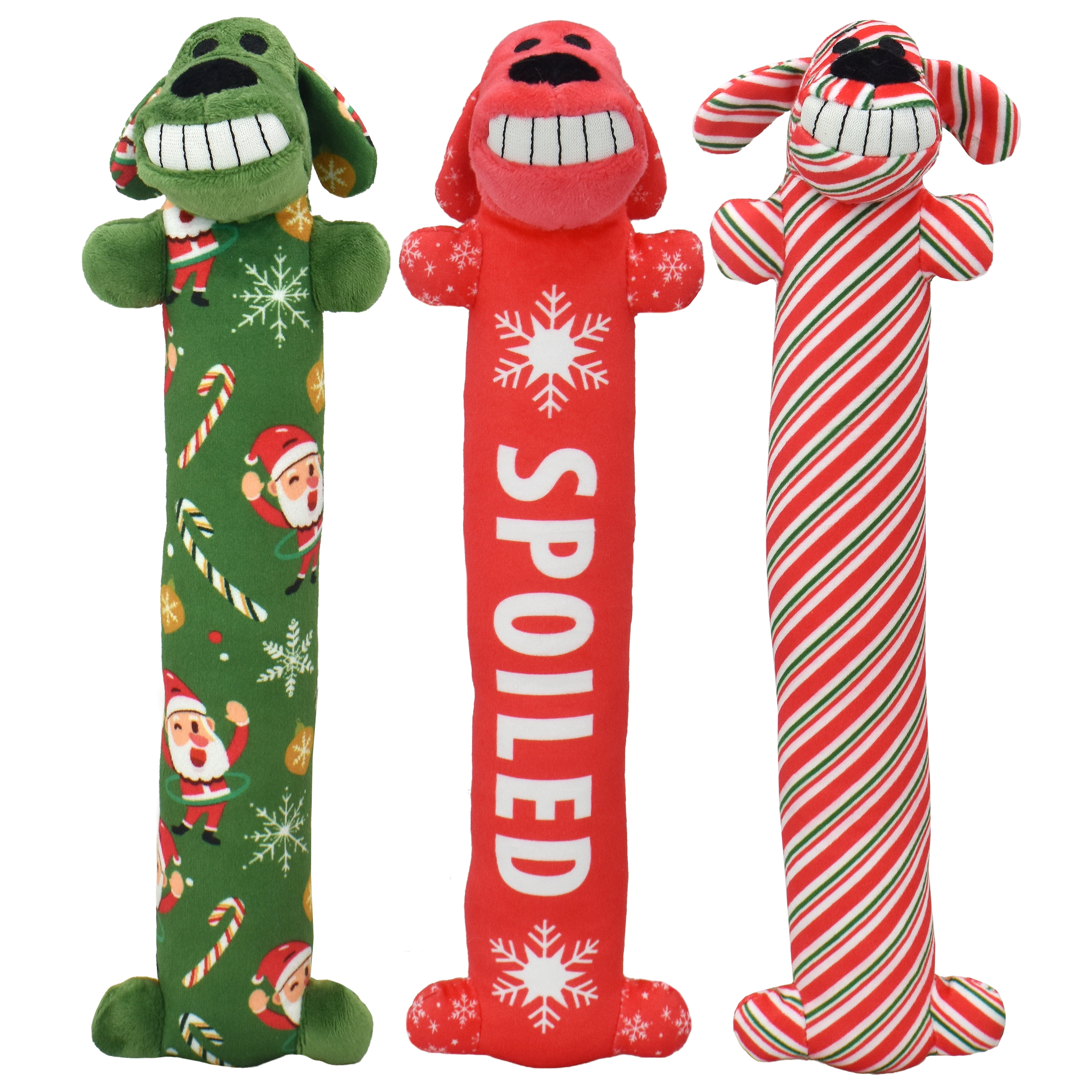 Multipet Plush Holiday Loofa Dog Toys with Holiday Theme Patterns, Stuffing & Squeaker, 3 Pack