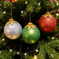 Coollooc Glass Tabletop Christmas Ornaments, 3Pcs Red Gold Green Globe Sets, Christmas Centerpiece, for Holiday Home Desk Display Festive Xmas Lighting Decor(3Pcs)