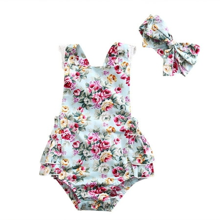 

Baby Infant Girls Rompers Lace Dress Backless Floral Jumpsuit with Headband