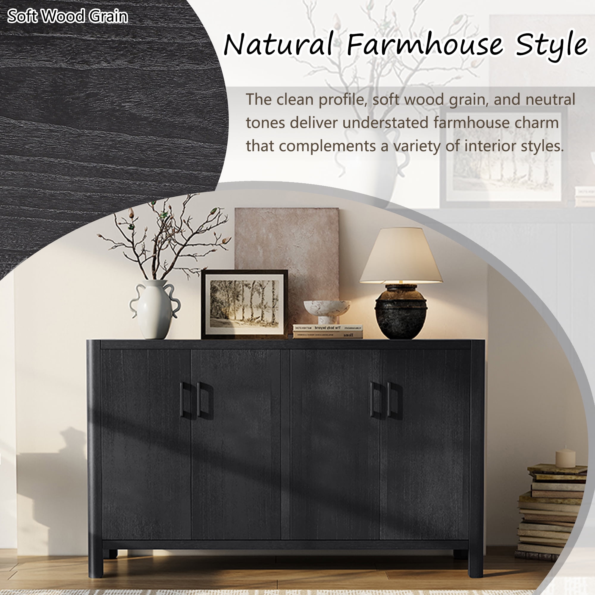 Euroco 59" Farmhouse Buffet Cabinet with Natural Distressed Finish,Accent Wood Sideboard Coffee Bar Station Table for Kitchen Living Room,Black