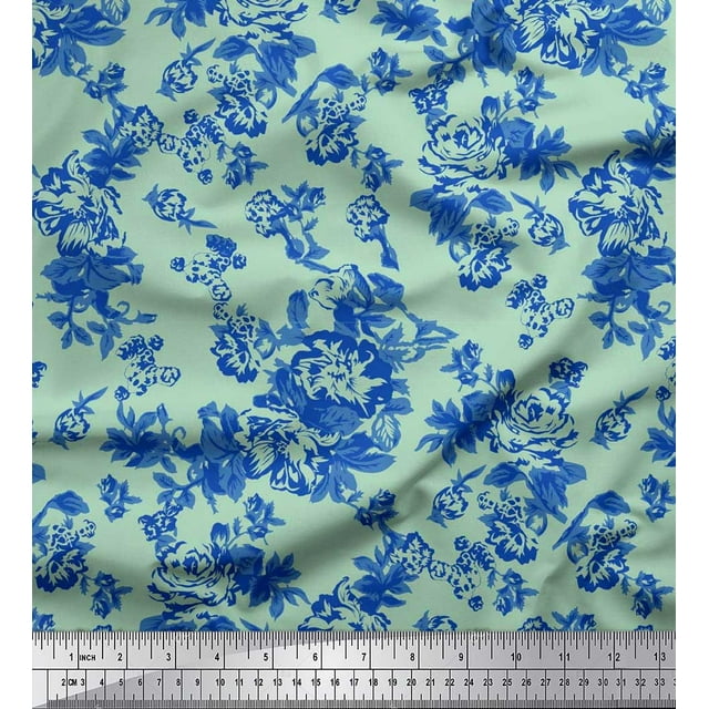 Soimoi Polyester Crepe Fabric Leaves & Floral Artistic Printed Fabric 1 Yard 42 Inch Wide