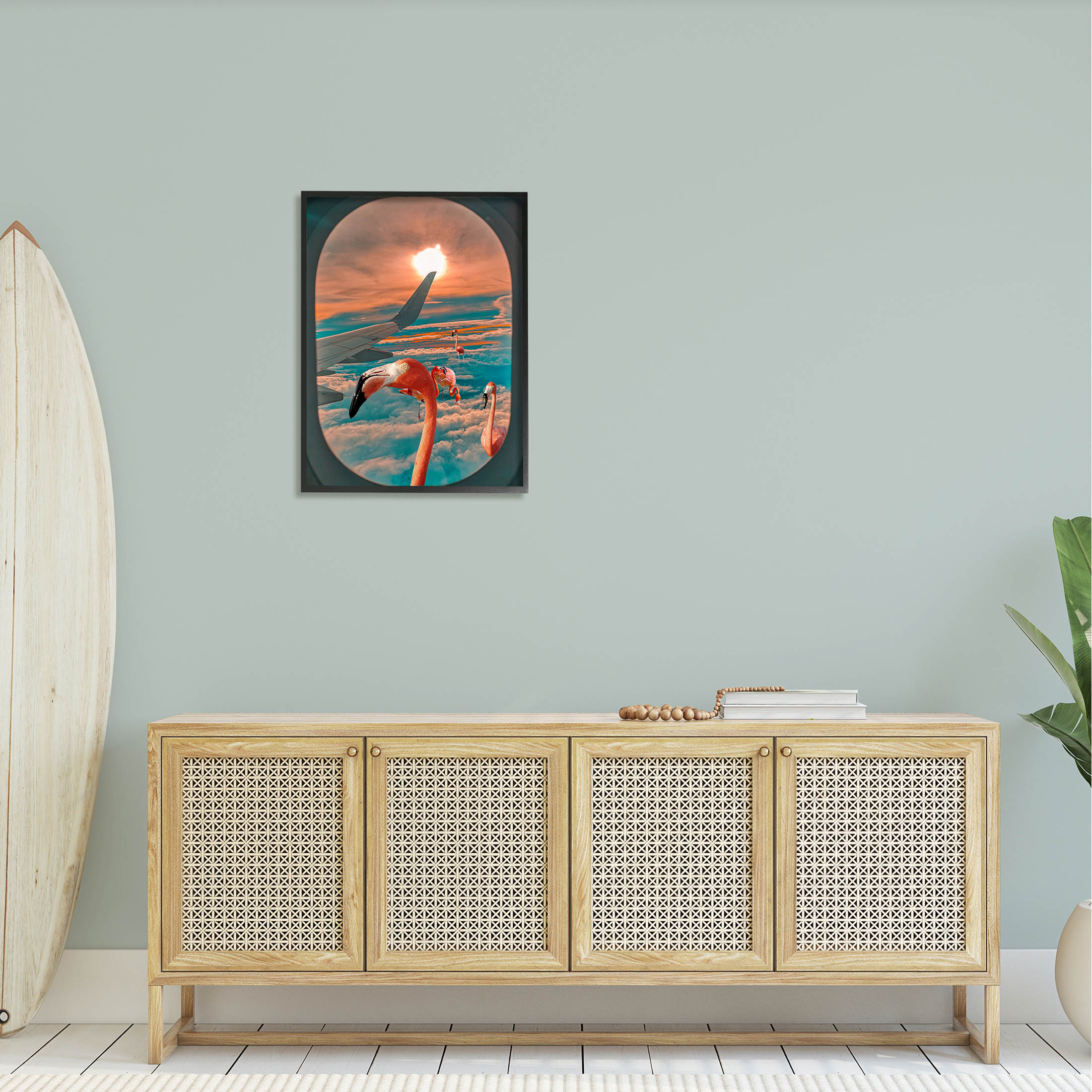 Flamingoes Airplane Window Clouds Animals & Insects Graphic Art Black Framed Art Print Wall Art