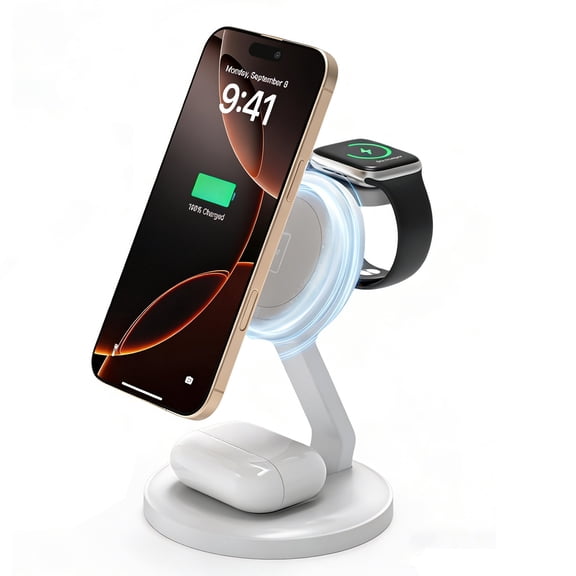 Wireless Charger, 3-in-1 Magnetic Wireless Charging Station Compatible with iPhone 17 16 15 14 13 12 Series, AirPods and iWatch Series - Foldable (White)