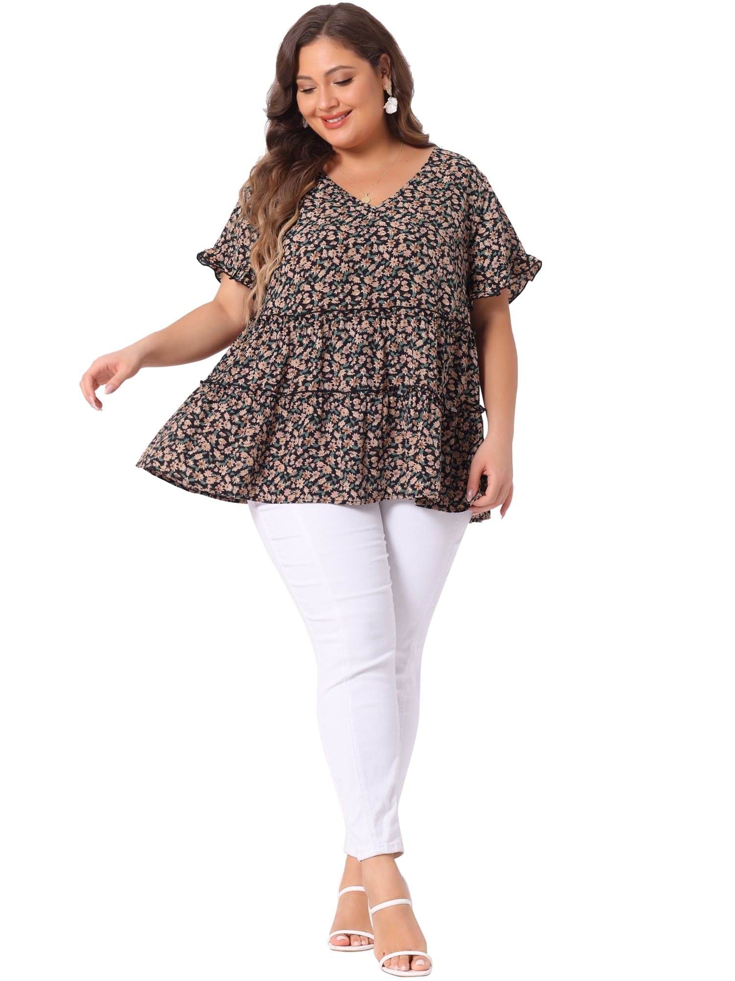 DARING DIVA Women's Plus Size V Neck Short Sleeve Floral Babydoll Blouse 6X Black Beige