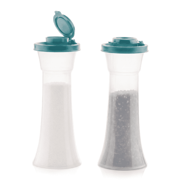 2-Piece Hourglass Salt and Pepper Shaker Set – Clear Plastic with Blue Airtight Lids, 0.35L Total Capacity – Leak-Resistant, Easy Grip for Kitchen, Picnic, Camping & RV