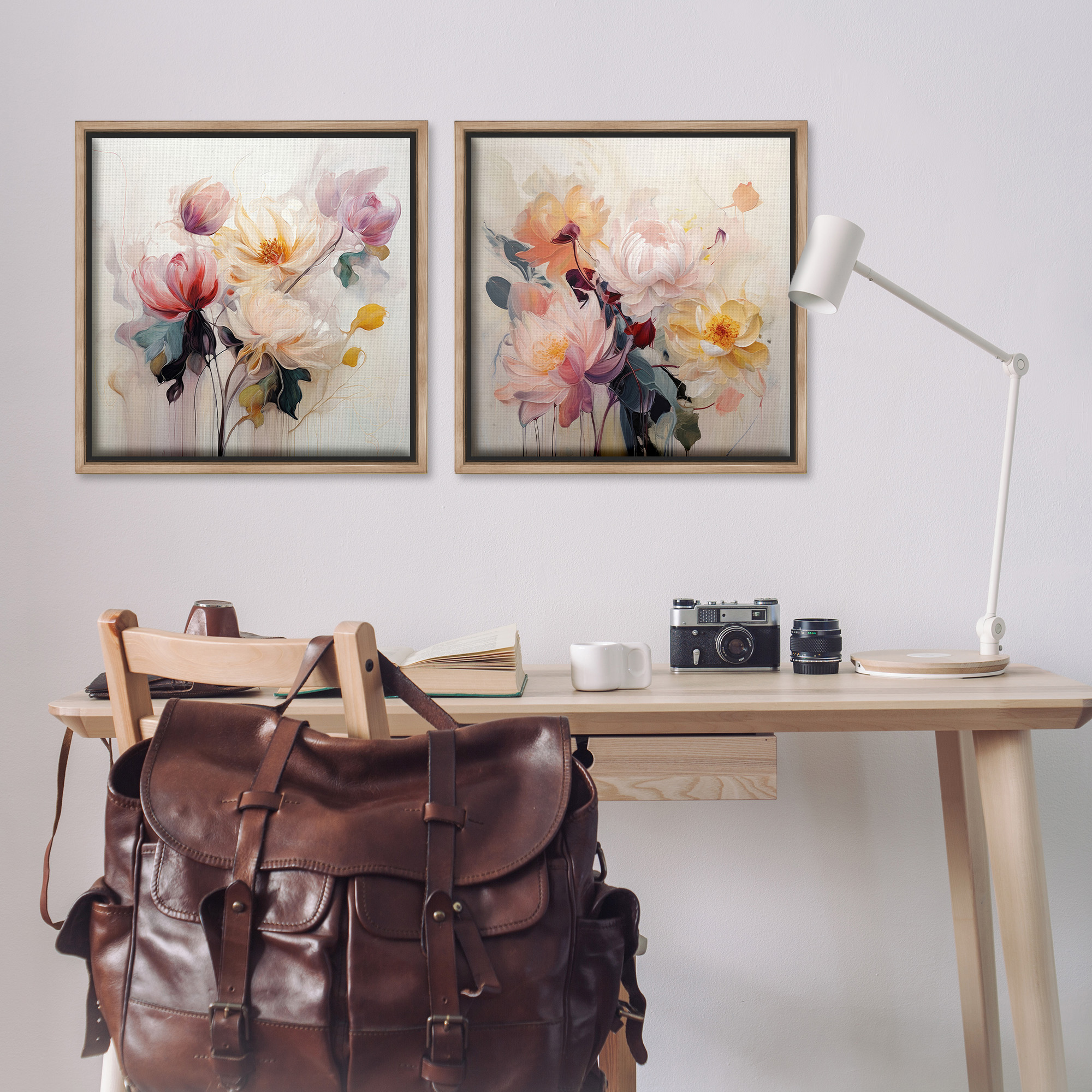Stupell Industries Soft Blooms on Beige Botanical & Floral Painting Brown Floater Framed Canvas Art Print Wall Art, 25 x 25, Set of 2