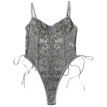 

wsevypo Women s Floral Embroidered Mesh Teddy One Piece Lingerie Babydoll Bodysuit