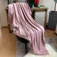 thumbnail image 1 of Manta de franela con flecos de pompón, manta de cama ligera y acogedora, manta suave para sofá, adecuada para todas las estaciones (rosa, 51' x 59'), 1 of 5