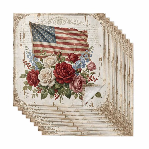 Patriotic American Flag Cloth Napkins, Vintage Roses Floral Paisley Brown Washable and Reusable Dinner Napkins Set of 8, Table Napkin for Kitchen Party Birthday Wedding Hotel Housewarming 20"x20"