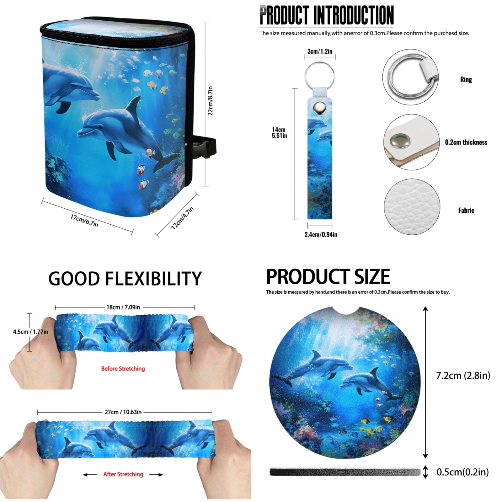 Jeiento Dolphin Car Interior Accessories Full Set Car Seat Covers Steering Wheel Covers Seat Belt Covers Trash Can Coasters Auto Rear View Mirror Covers Keychains Lipstick Covers 13pcs Blue Ocean