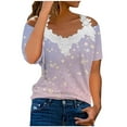 thumbnail image 2 of Wycnly Cute Tops for Women Short Sleeve V-Neck Moon Star Print T shirts Summer Sexy Lace Trim Cold Shoulder Strap Tunic Blouse Purple S Clothes, 2 of 5