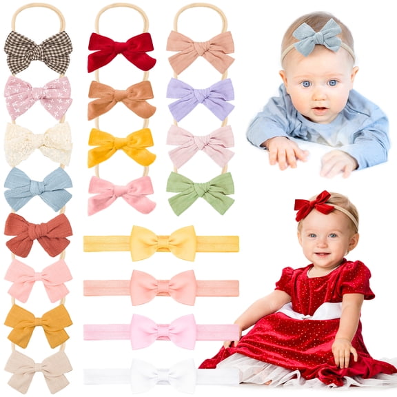 Bocaoying 20 Pcs Baby Girls Bows Headbands, Elastic Ribbon Hairbands Set, Soft Stretchy Hair Accessories for Newborns Infants Toddlers, Orange Pink Red Yellow White Blue Green Purple, 3.5"x2" Bow