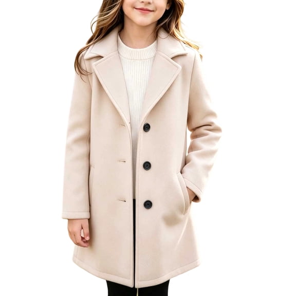 CYRBOKO Girls Wool-Blend Coats, Warm Lapel Long Sleeve Single-breasted Winter Outerwear Beige Size 10 T