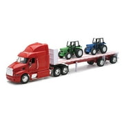 Peterbilt Truck with Flatbed Trailer and 2 Farm Tractors: Diecast and Plastic Model - 1:32 scale