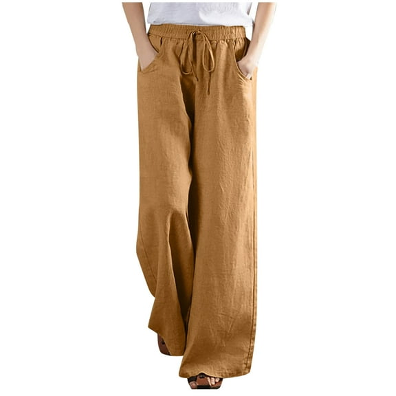 Womens Drawstring Cotton Linen Pants Solid Elastic High Waist Wide Leg Pants with Pockets Causal Loungewear Pants Vacation Beach(XL,Yellow)