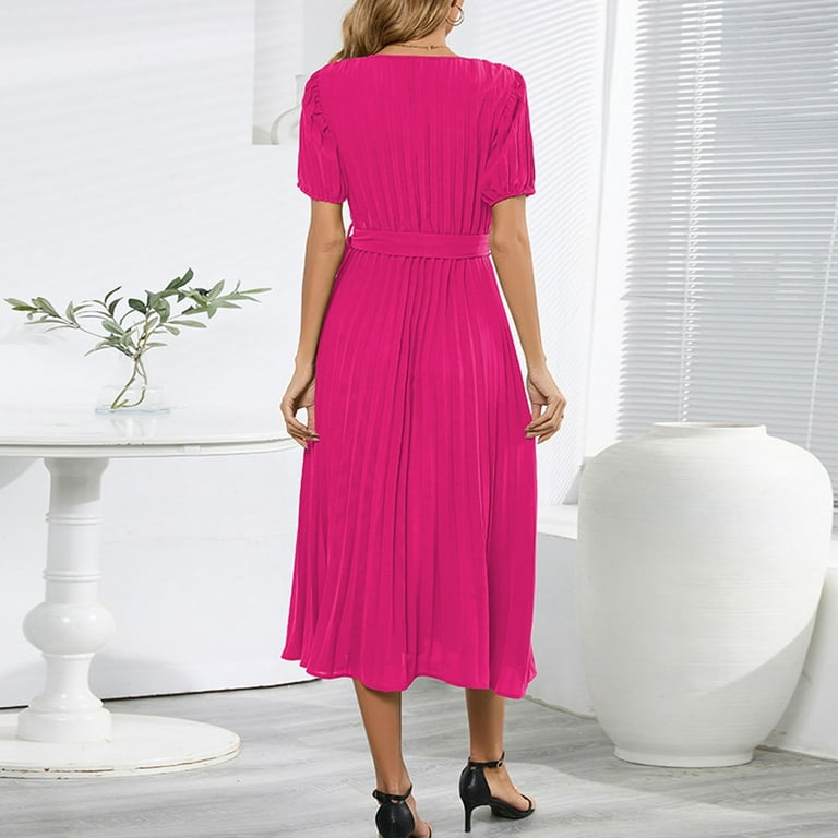 Aayomet Plus Size Dresses Women V Neck Lace Up Short Sleeve Solid Pleated  Dresses Pleated Long Dress,Hot Pink XXL - Walmart.com