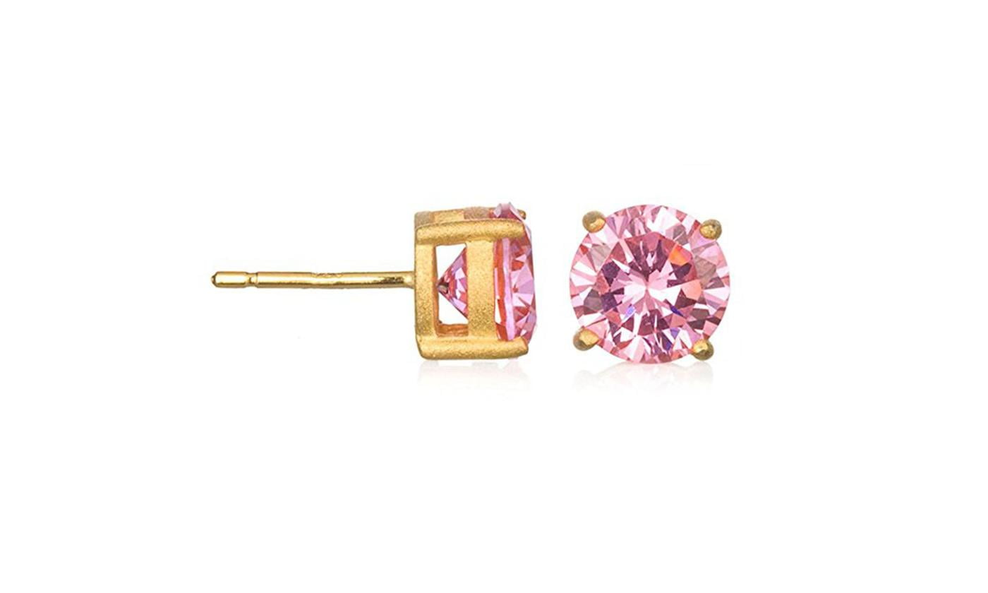 Gold 8MM Round Pink CZ Stud Earrings Plated