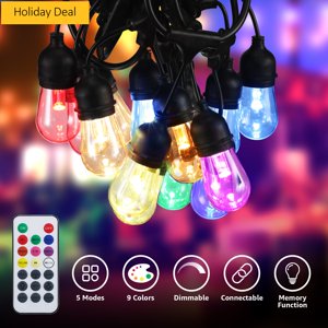 TorchStar 50ft RGB LED Outdoor String Lights Weatherproof Patio String Light for Party Restaurant Garden Patio Lights 15 Sockets 17 Bulbs Included