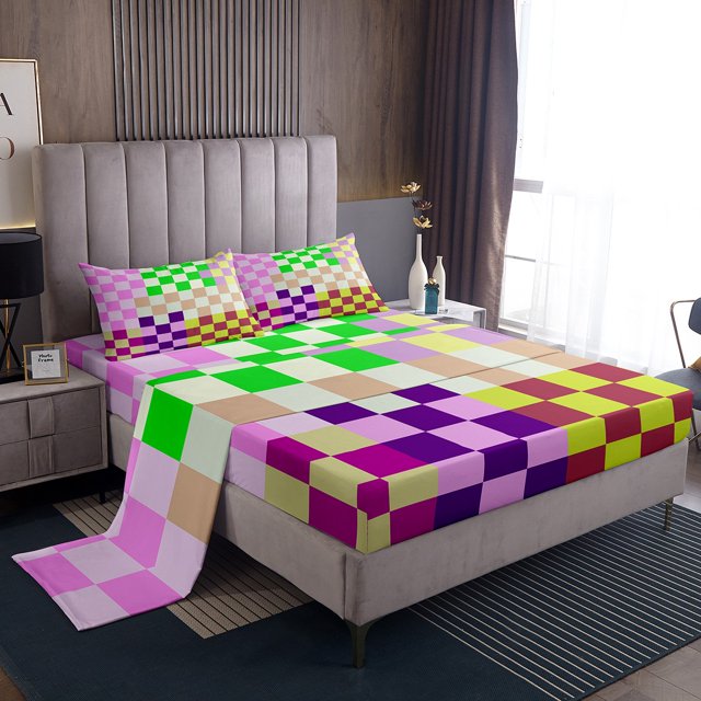 Erosebridal Gradient Grid Bed Sheets Set Full Size,Checkered Buffalo Bedding Full Size,Geometry Room Decorative,Breathable,4pcs