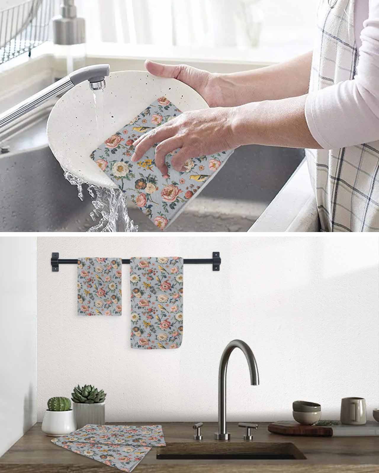 Vintage Spring Floral Kitchen Dish Towels for Drying Dishes Set of 2, Farmhouse Flowers Blue Vintage Waffle Weave Microfiber Hand Tea Bathroom Towels Quick Dry & Absorbent Towel 15.7x23.6