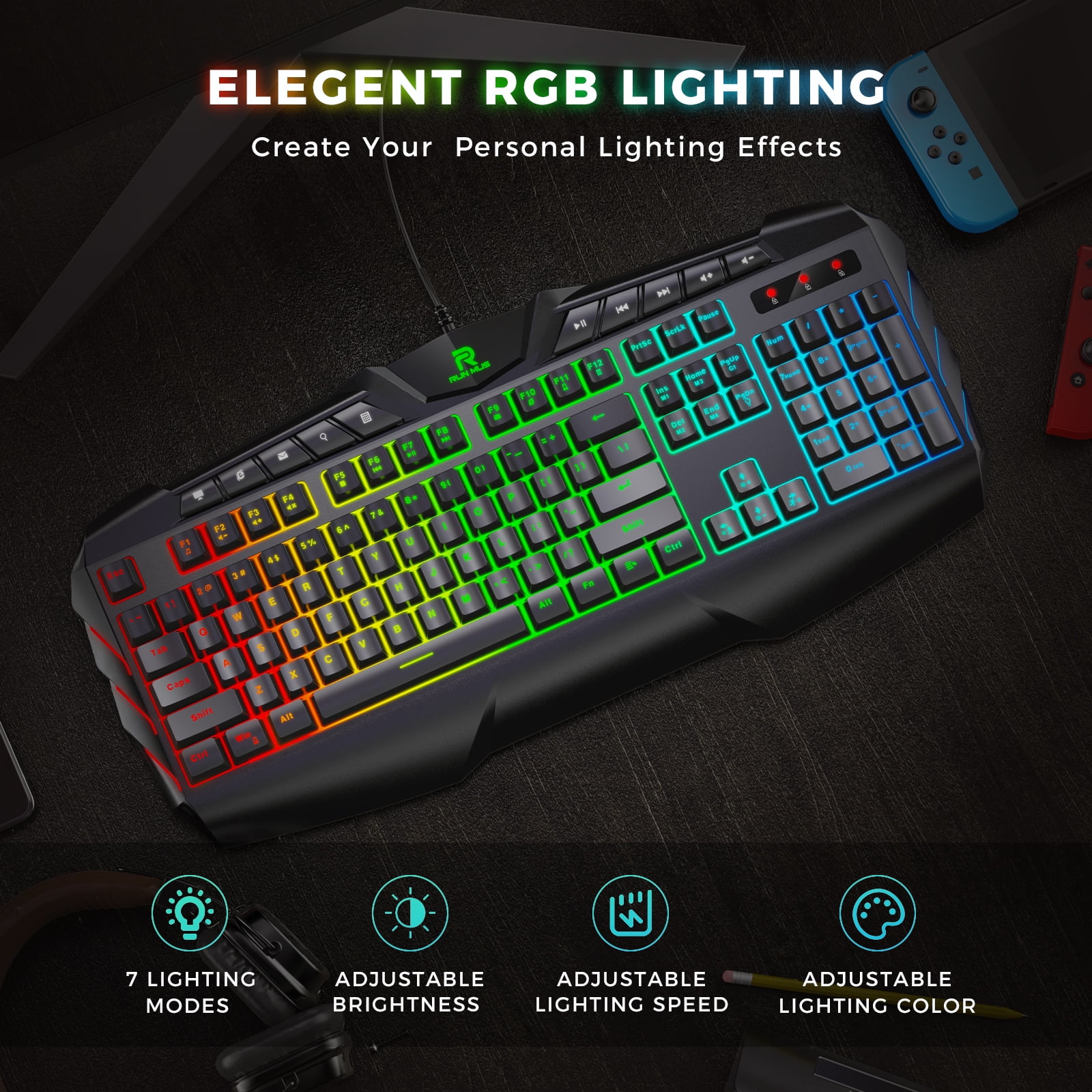 RUNMUS RGB Gaming Mouse, Ergonomic USB Gaming Mice for PC, Laptop, 6400 DPI  Adjustable 