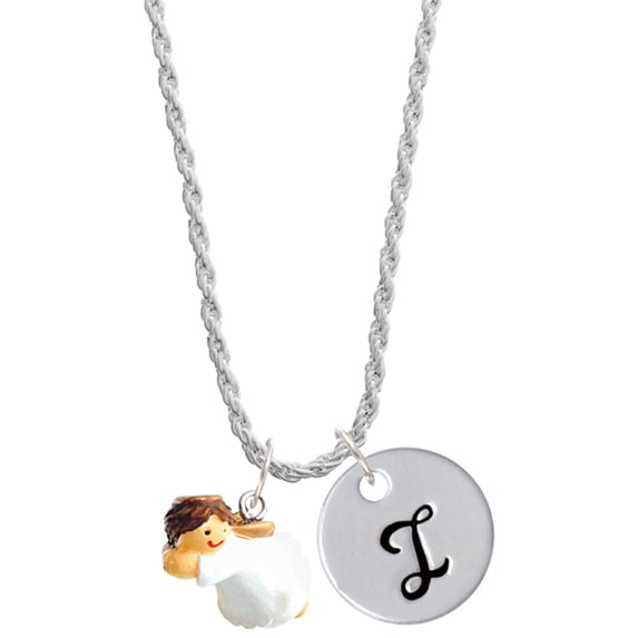Delight Jewelry Resin Flying Angel Silvertone Script Initial Disc - I - Charm Necklace, 20"+3"