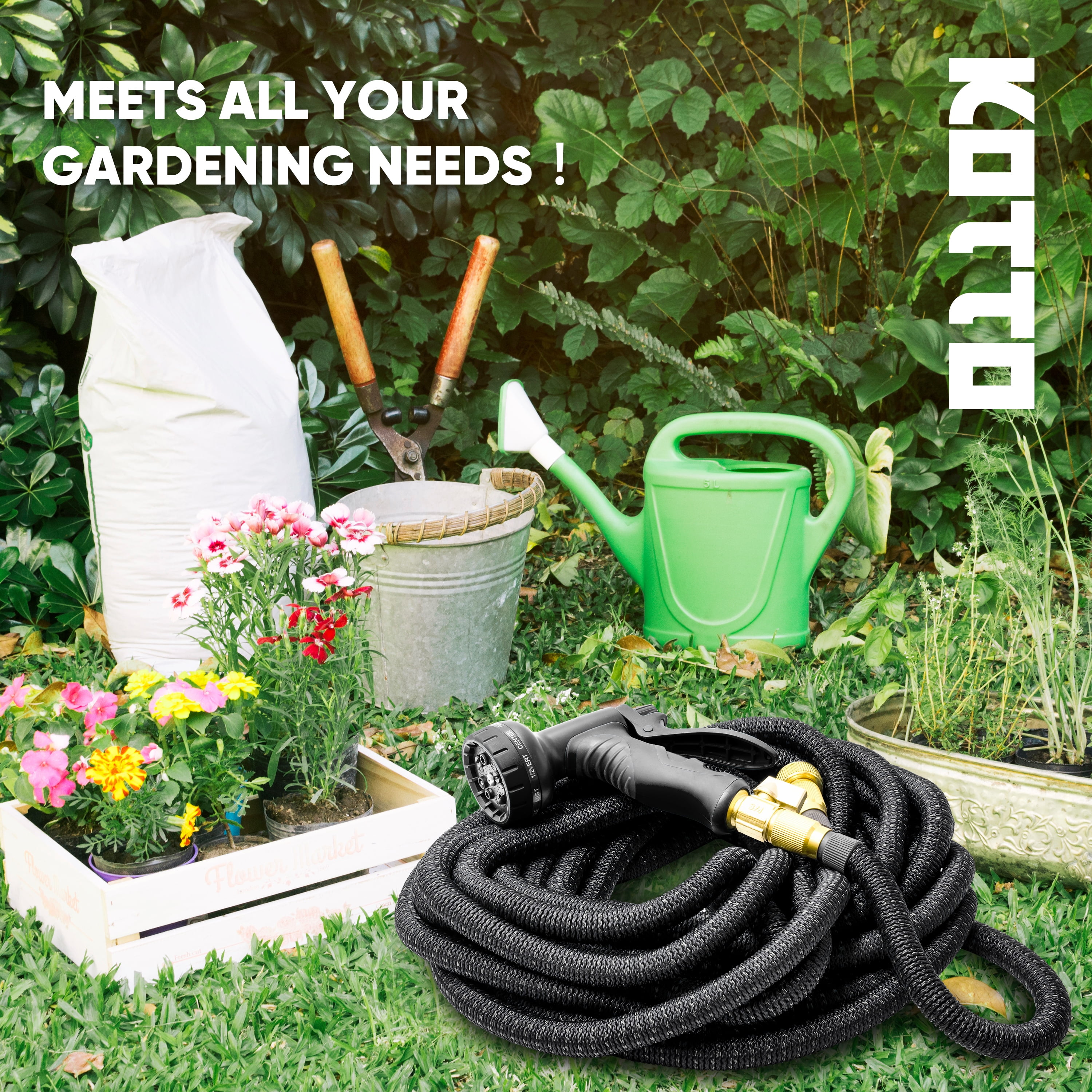 (2 pack) Kotto 75ft Flexible Garden Hose, Water Hose for Outside with 10 Spray Nozzles, Brass Connector, Leak-Proof, Black, Father's Day gifts