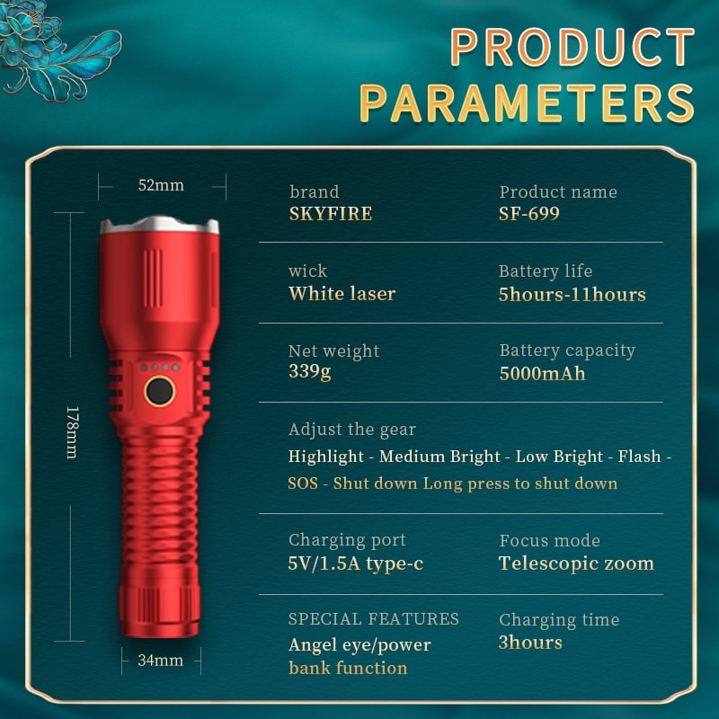 Skyfire High-Lumen, Ultra-Bright Rechargeable LED Flashlight with Zoom, Reverse Charging, Three Modes