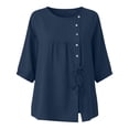 thumbnail image 7 of Mifsaly Vacation Tops for Women Button Down Short Sleeve Linen Shirts with Drawstring Hem Lightweight Flowy Loose Fit Textured Summer Boho Clothes Blue,L, 7 of 7