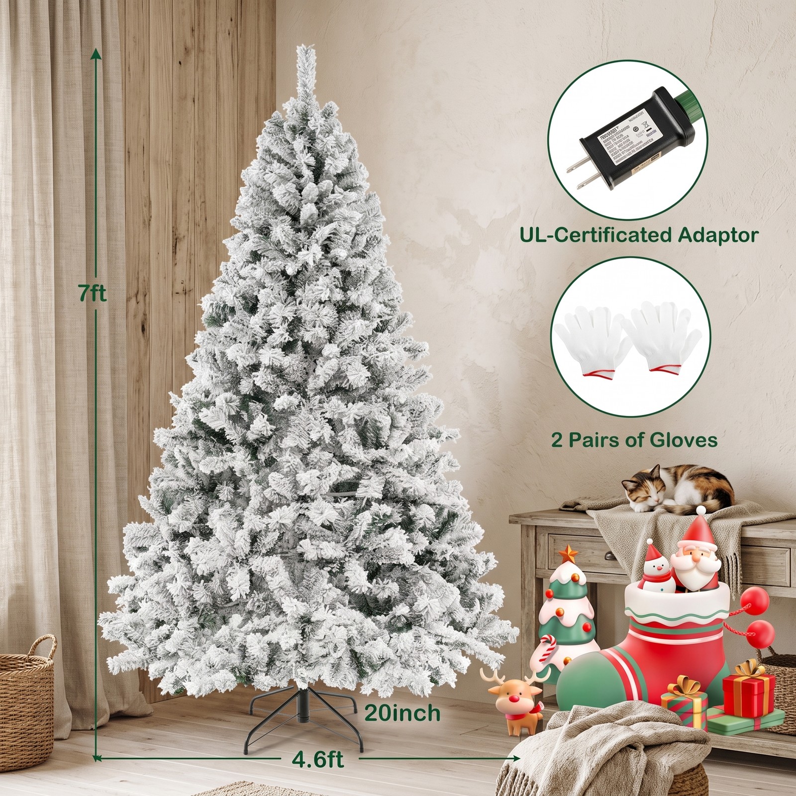 RUIE 7 FT Artificial Christmas Tree with 450 Warm White LED Lights, 3-Minute Quick Shape PVC Flocked Xmas Tree with Metal Stand for Holiday Home Office, Green & White