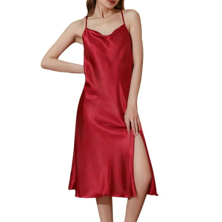 

Capreze Ladies Nightgowns Backless Nightdress Sleeveless Sleep Dress Side Slit Pajama Satin Night Gowns Purple Red XL