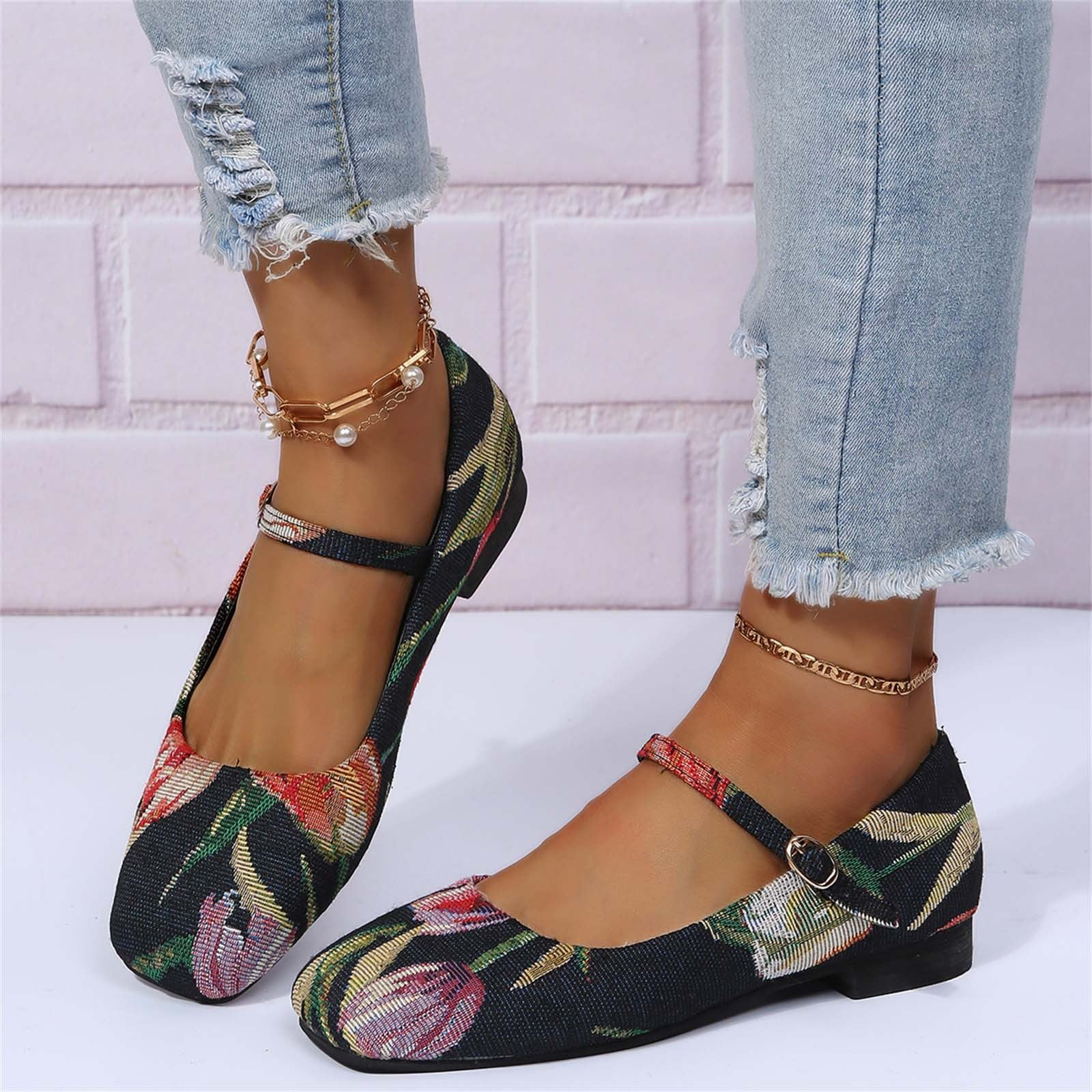 Ladies Shoes Casual Soft Sole For Comfort Flat Sole Shoes Flower Print