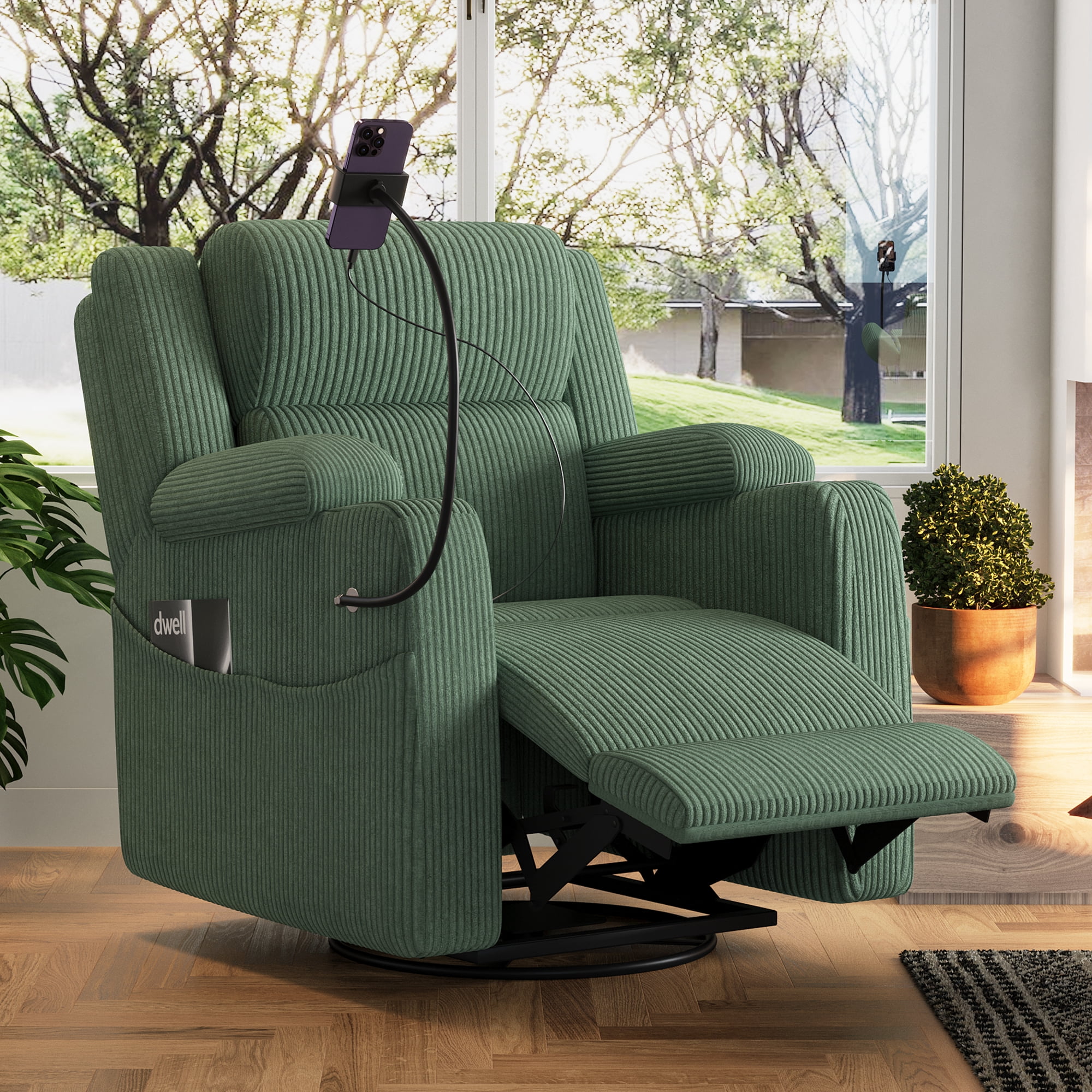 Leumius Recliner Chair with Heat and Massage,270° Swivel Rocker Recliner with Phone Holder & USB Ports,Single Rocker Sofa Nursery Glider with Hidden Storage, Side Pockets, Cup Holder,Green