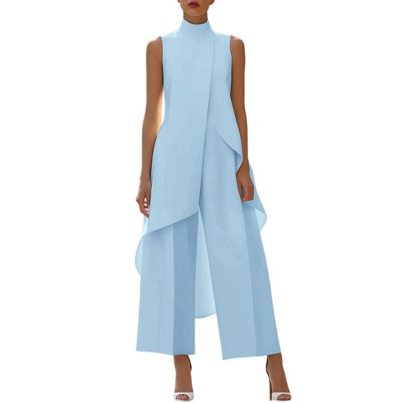 Floleo Women's Sleeveless Mock Neck Layered Tunic Top and Wide Leg Pants Set Elegant Flowy Asymmetrical Hem Solid Color Casual Outfit
