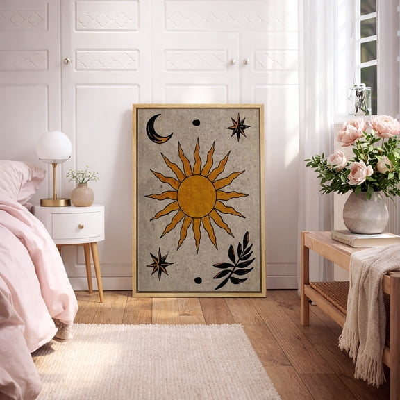 Framed Canvas Wall Art Celestial Sun Moon Print for Living Room Decoration - 16"x24" NATURAL