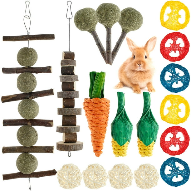 Muyoka 18 piezas de juguetes para masticar conejos para moler los dientes, juguetes para masticar conejitos para la salud dental, madera natural de manzana, bola de hierba, cuerda, lufa, zanahoria, ju Muyoka Hogar