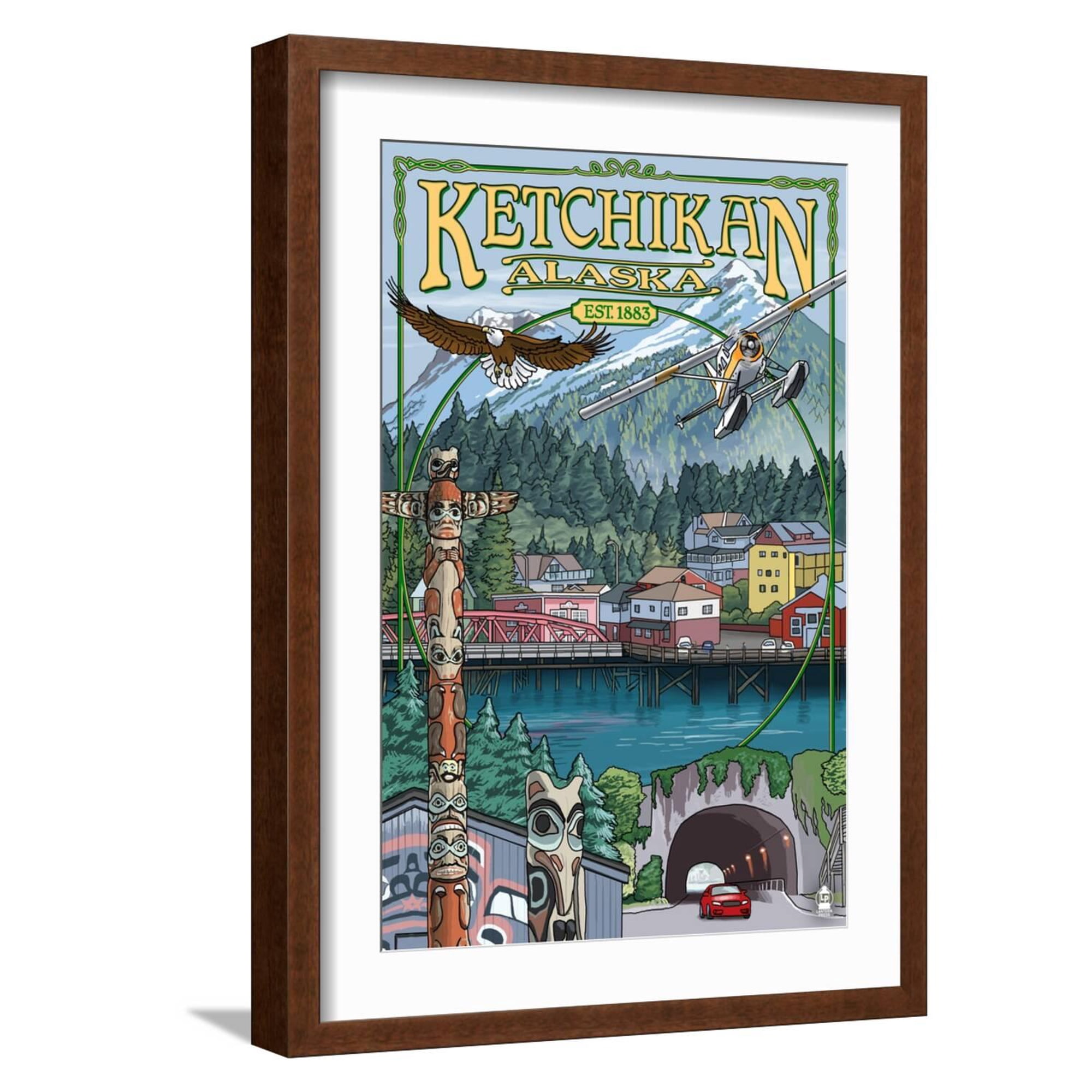 Art.com Ketchikan Alaska Montage c.2009 Art Print by Lantern Press Brown Frame Wall Art 17 x 23