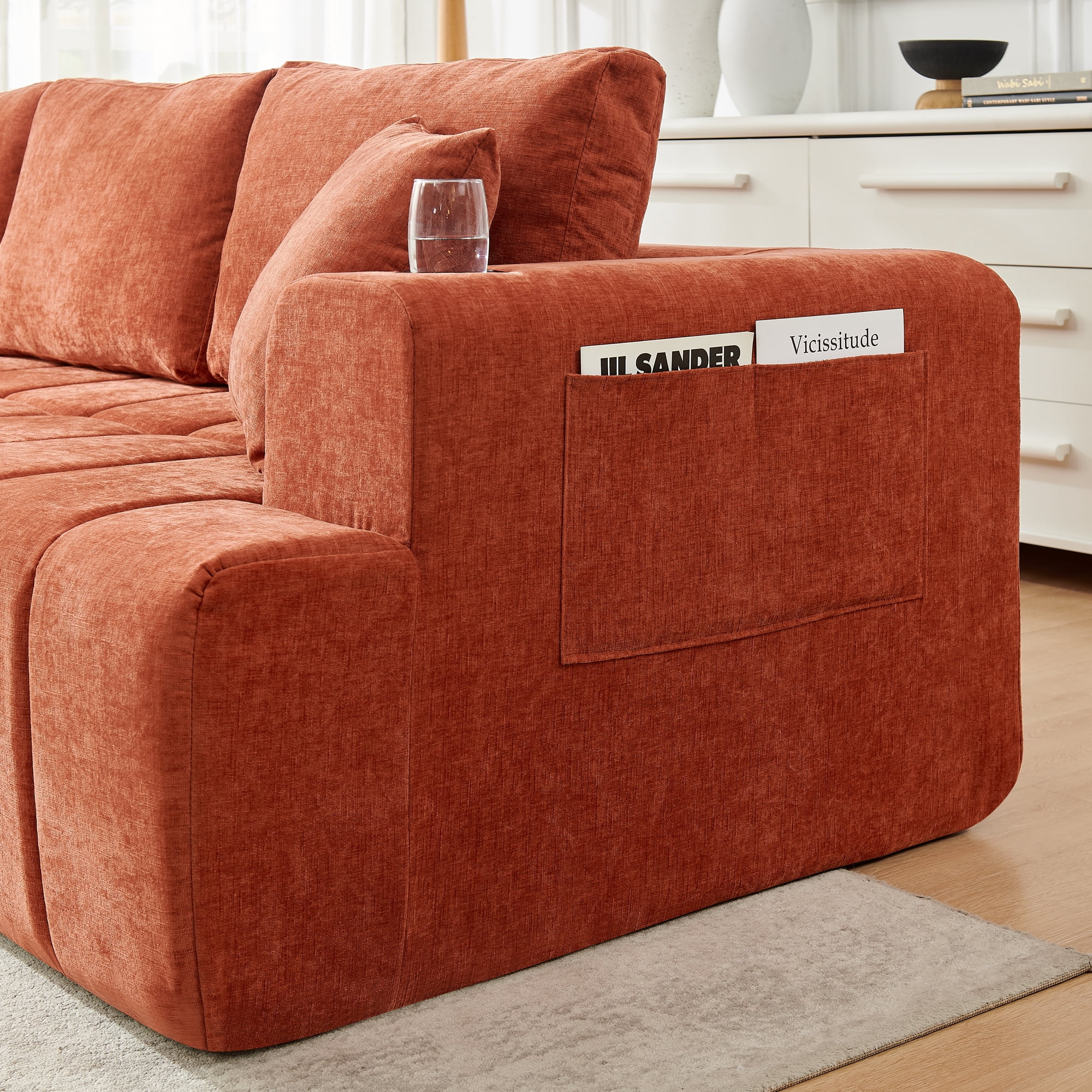 Leumius 108" L-Shaped Sectional Sofa,Chenille Boneless Couch, Modern 3-Seat Upholstered Cloud Couch Sectional with Deep Seat and Cup Holders for Living Room,No Assembly Required,Orange