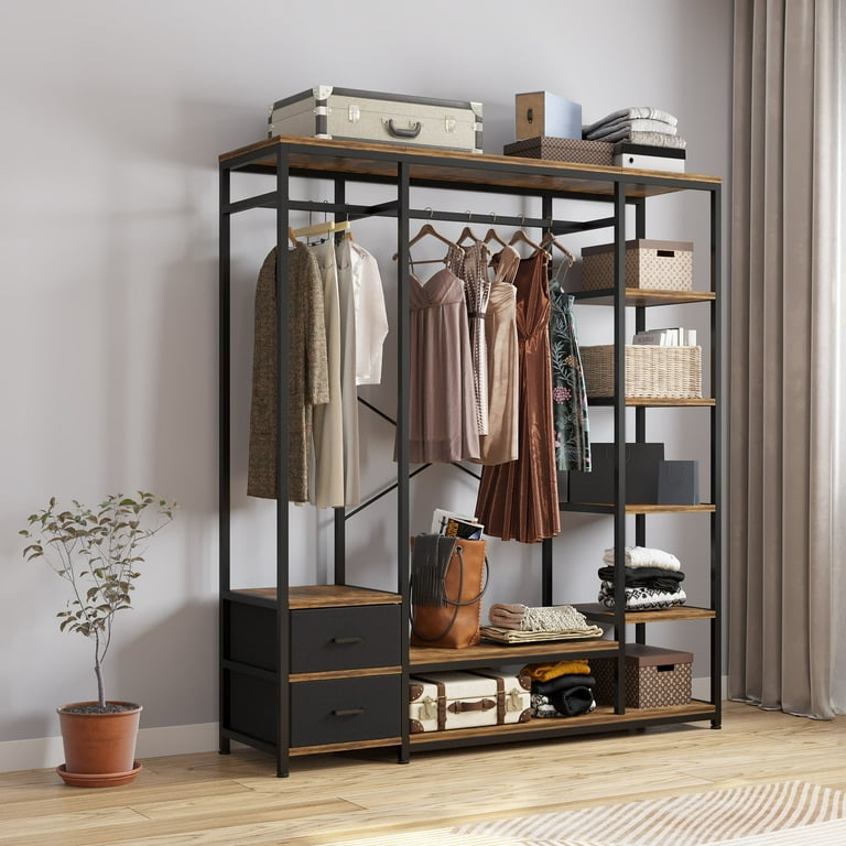 Wood & Metal Freestanding Bedroom Closet Organizer Clothes Rack with 2  Drawers