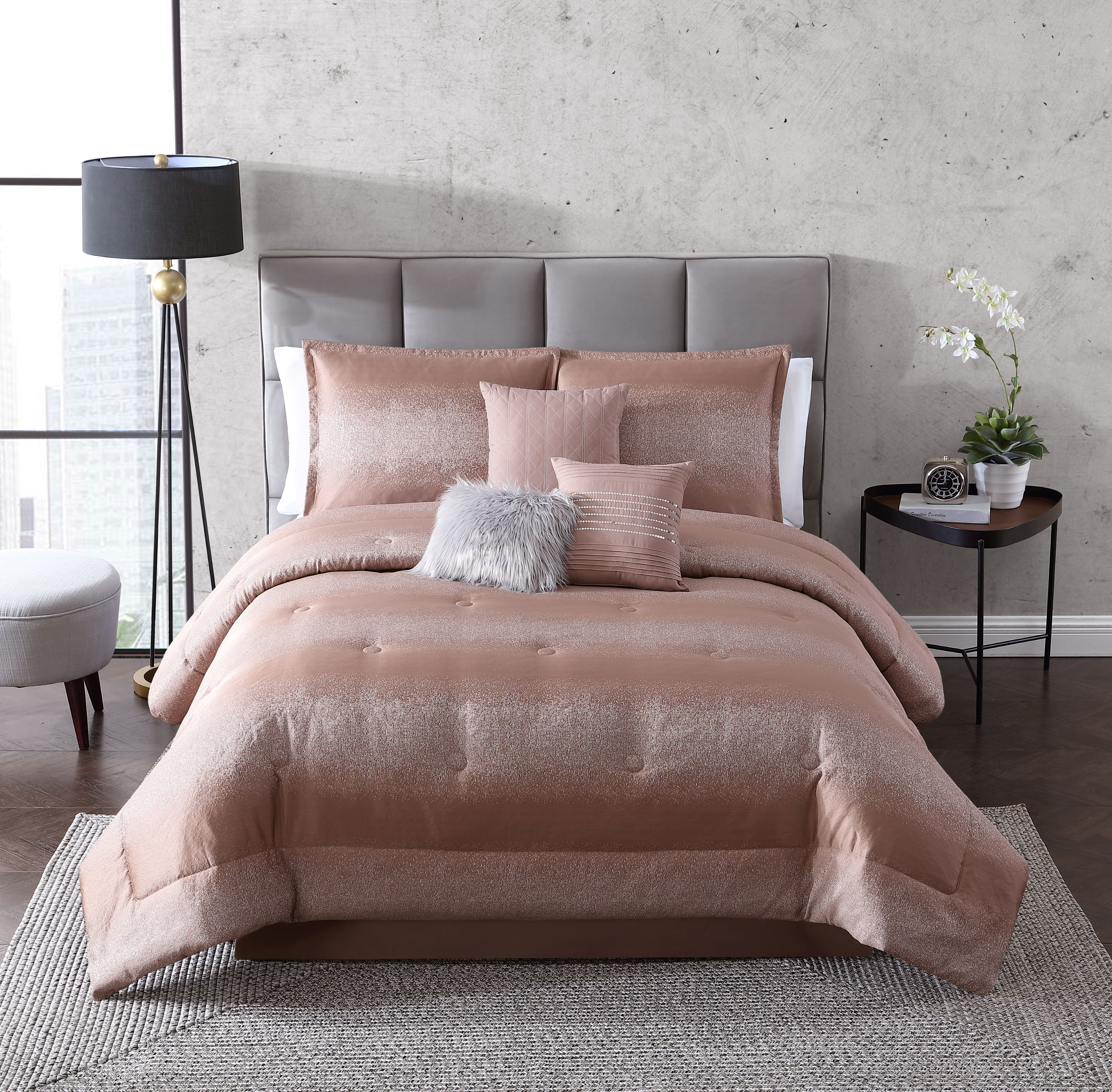 Mainstays 7 Piece Metallic Stripes Comforter Set Full Queen Blush And Rose Gold Walmart Com Walmart Com