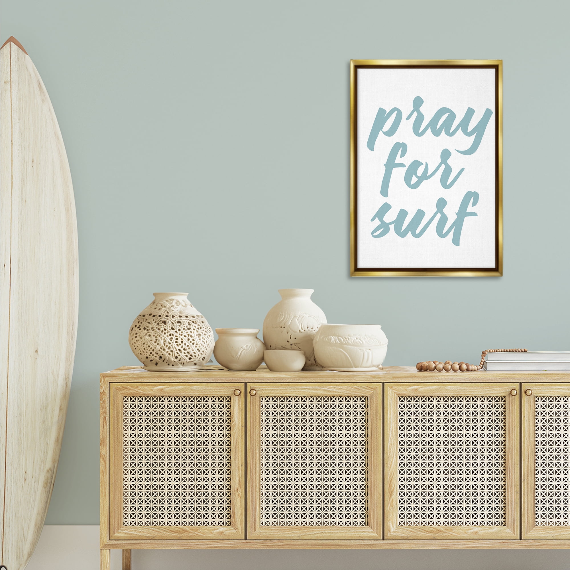 Stupell Industries Pray For Surf Typography Painting Gold Floater Framed Canvas Art Print Wall Art, 21 x 31