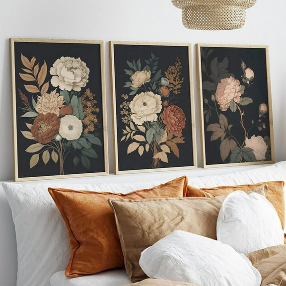 Black Floral Wall Art Set of 3 Moody Flowers Painting Pictures Gothic Botanical Poster Large Vintage Canvas Prints Wall Art for Living Room Dark Academia Bathroom Wall Decor 12"X16" Unframed
