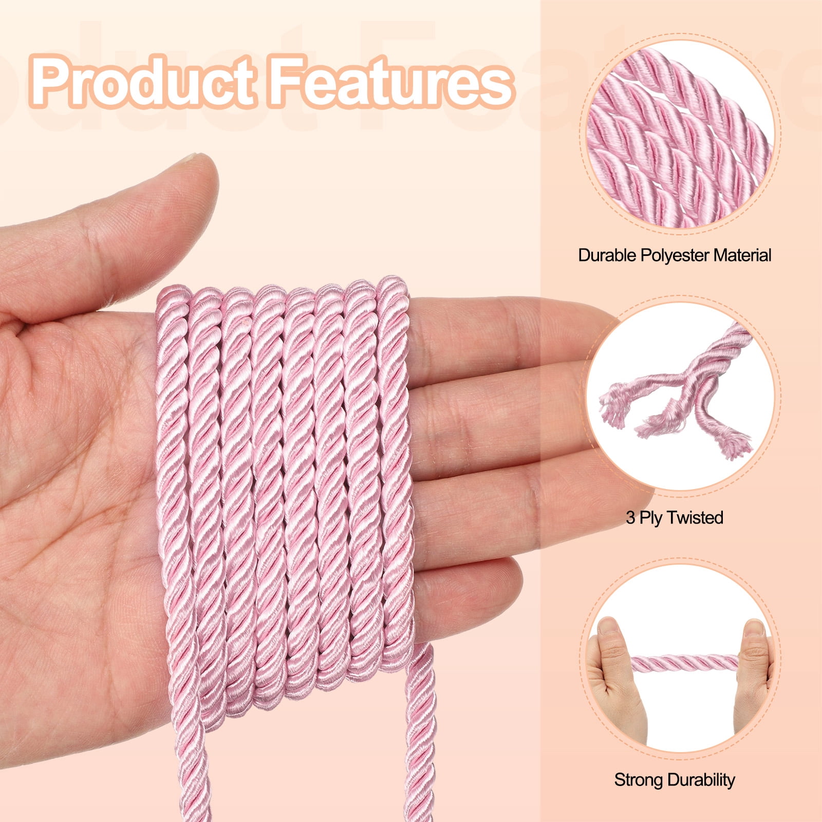 Unique Bargains Twisted Cord Trim 3-Ply Polyester Braided Rope Light Pink