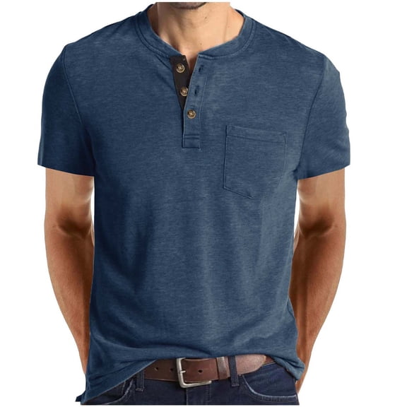YLSDY Men's Henley T-Shirt with Chest Pocket 2-Button Placket Casual Heathered Short Sleeve Top Navy XXL