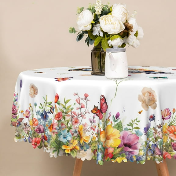 Nanqianyi Butterflies Floral & Vintage Car Round Tablecloth 60 inch, Washable Table Cover for Kitchen Dinner Decoration