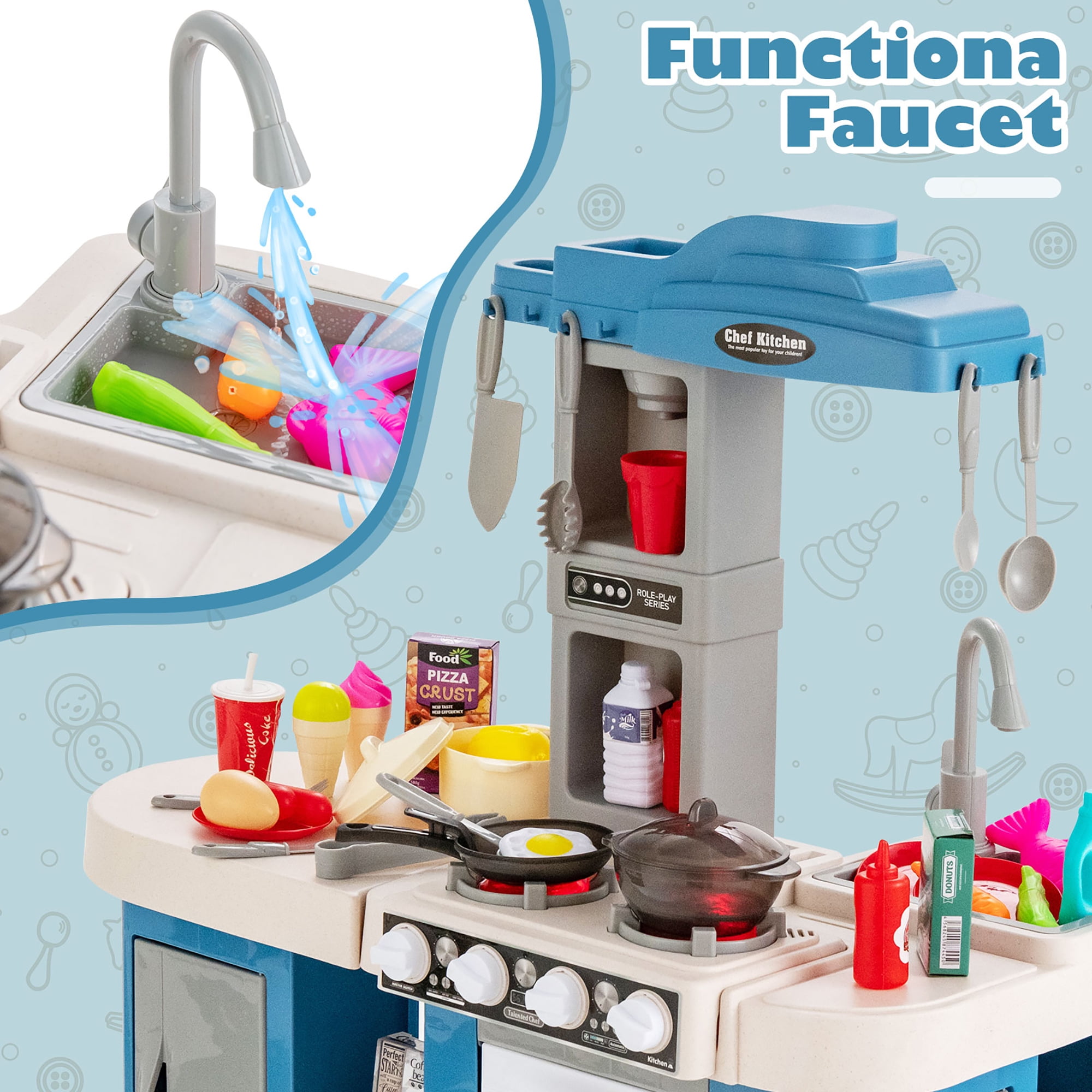 67 Pieces Play Kitchen Set for Kids with Food and Realistic Lights