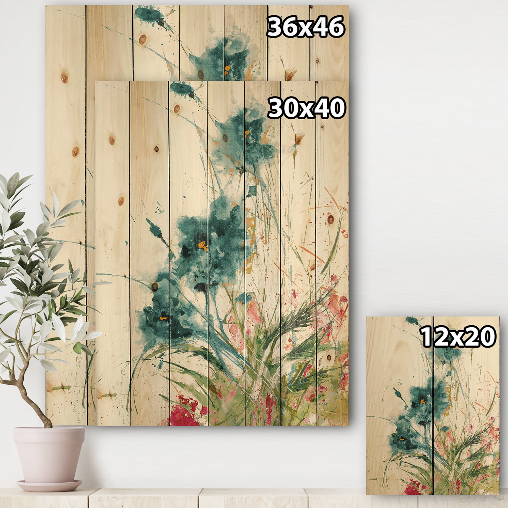 Designart 'Wild Blue Abstract Farmhouse Flowers' Modern Farmhouse Print on Natural Pine Wood