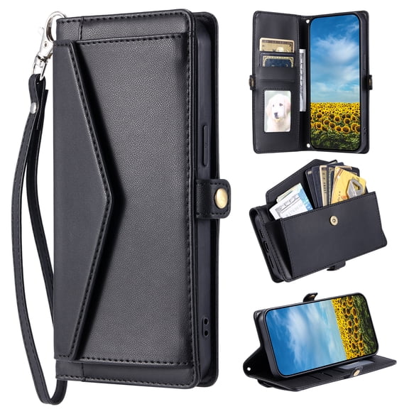 Compatible with Samsung Galaxy A07 Envelope Style Wallet Case, with Wrist Strap and Crossbody Strap, Flip Card Holder Stand Rugged Cell Phone Cover for Samsung Galaxy A07 Women Men - Black