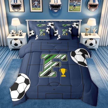 Feelyou Sport Soccer Letter F Full Size Bedding Sets for Boys Stripe Abstract Full Size Bed in a Bag Green Blue Blue Reversible 7-Piece